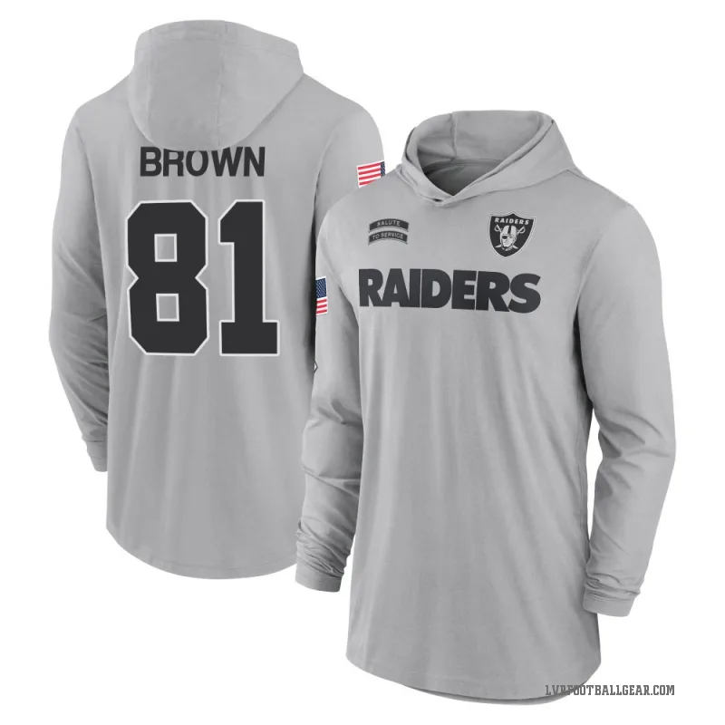 Tim Brown Men's Brown Las Vegas Raiders Gray 2024 Salute to Service Lightweight Performance Long Sleeve Hooded T-Shirt